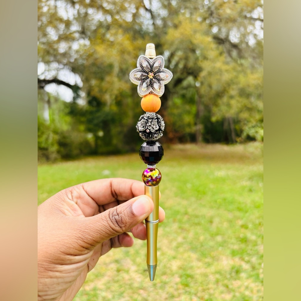 Handcrafted Beaded Gold Flower Top Pen - Orange, Black, Gold Accents